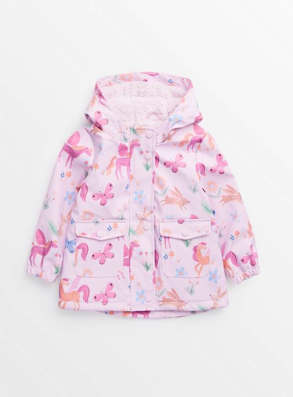 Pink Unicorn Woodland Print Fleece Lined Mac Coat  1-2 years